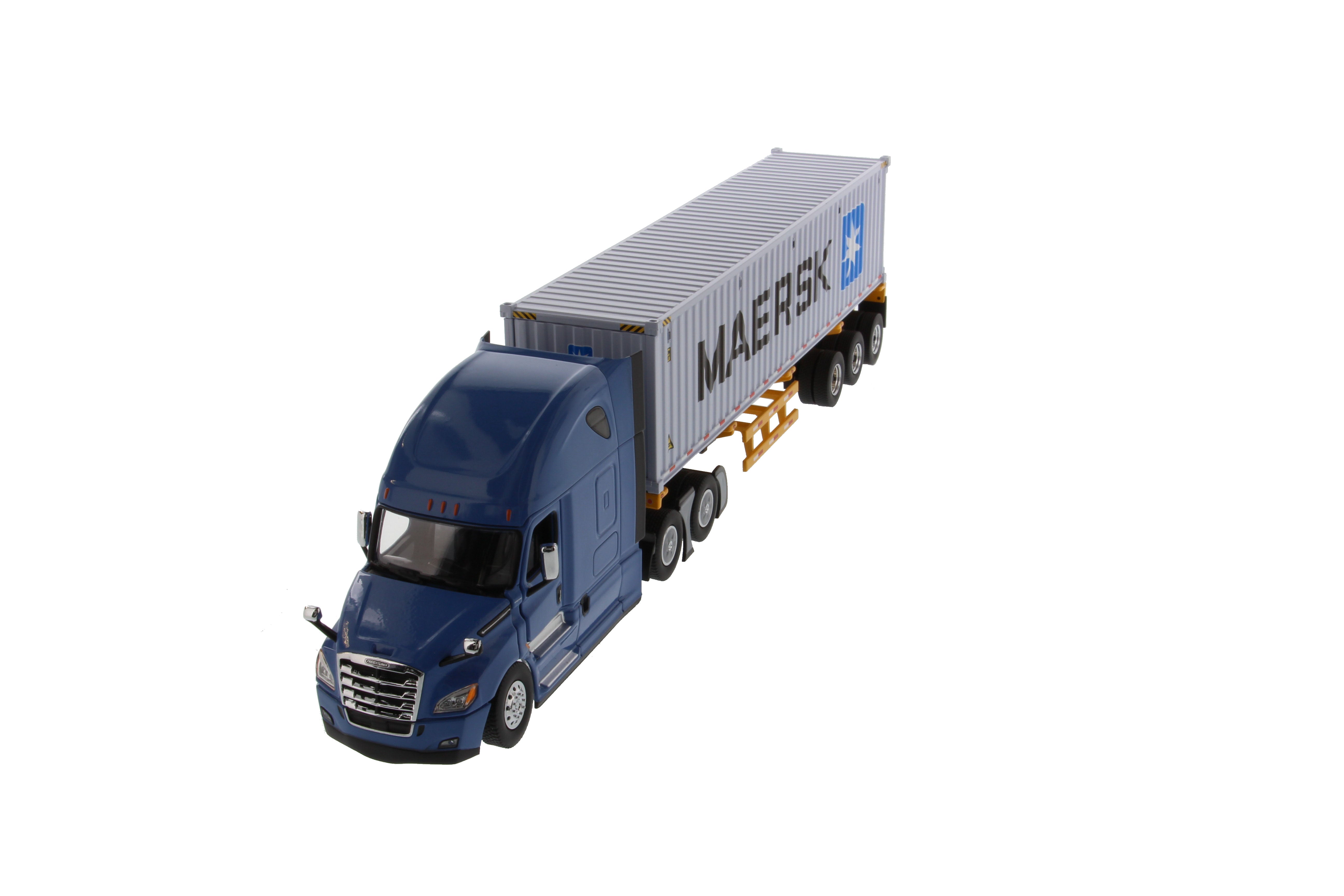 1:50 Diecast Freightliner New Cascadia with with 40′ Dry Goods Sea Container – Blue tractor + Yellow trailer + MAERSK container, Transport Series, 71048