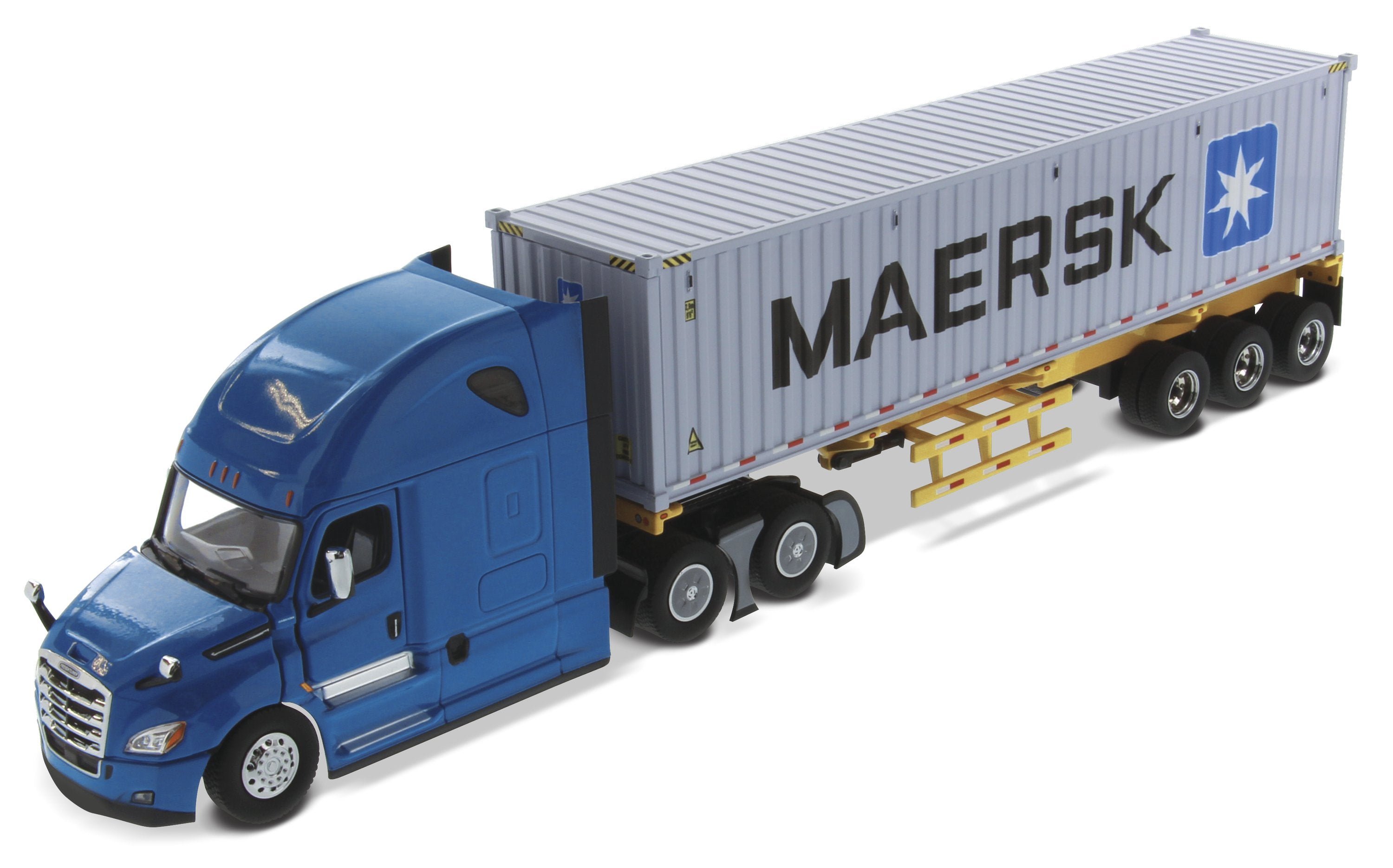 1:50 Diecast Freightliner New Cascadia with with 40′ Dry Goods Sea Container – Blue tractor + Yellow trailer + MAERSK container, Transport Series, 71048