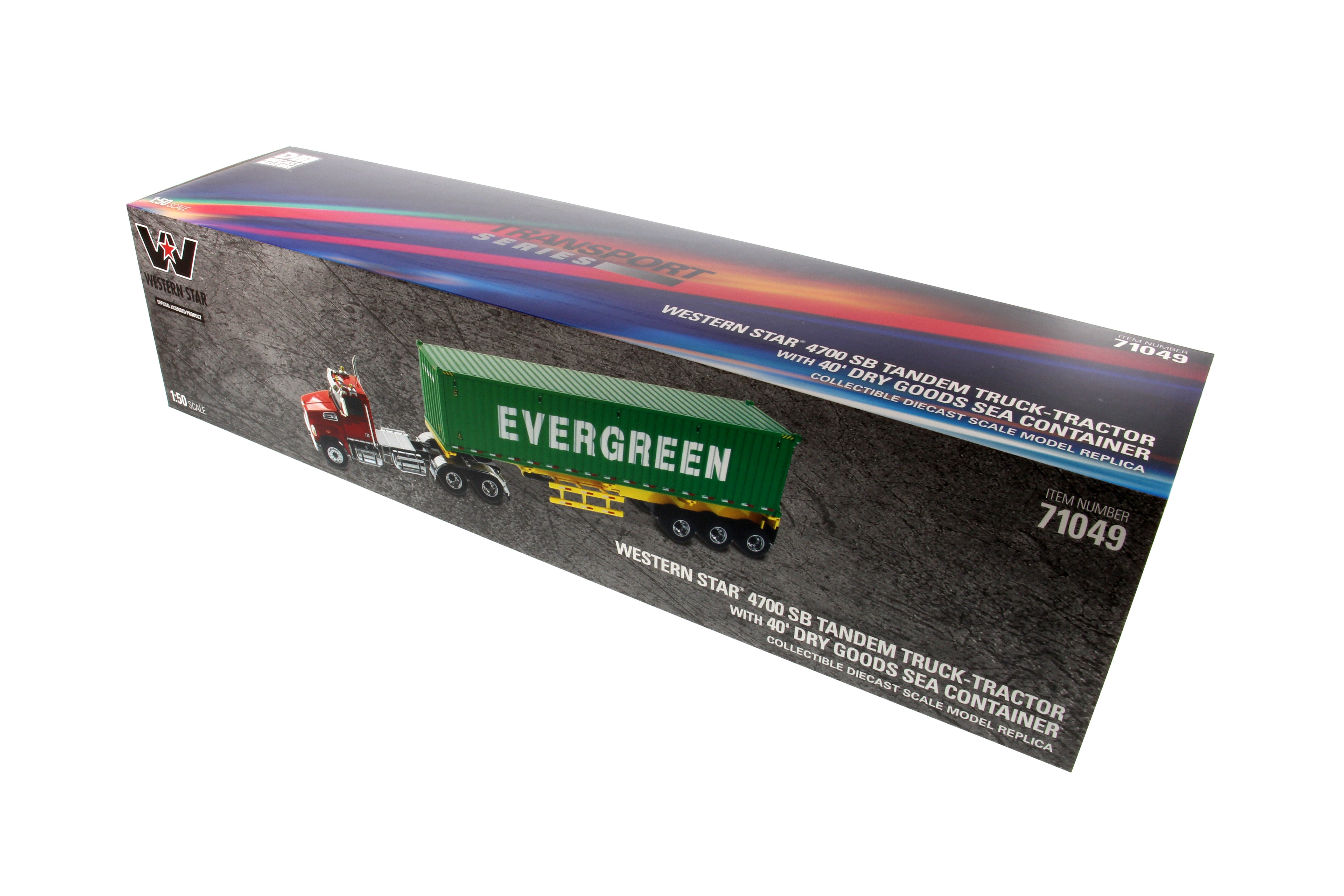 1:50 Western Star® Diecast 4700 SB Tandem Truck-Tractor with 40′ Dry Goods Sea Container – Metallic red tractor + Yellow trailer + EverGreen container, Transport Series, 71049