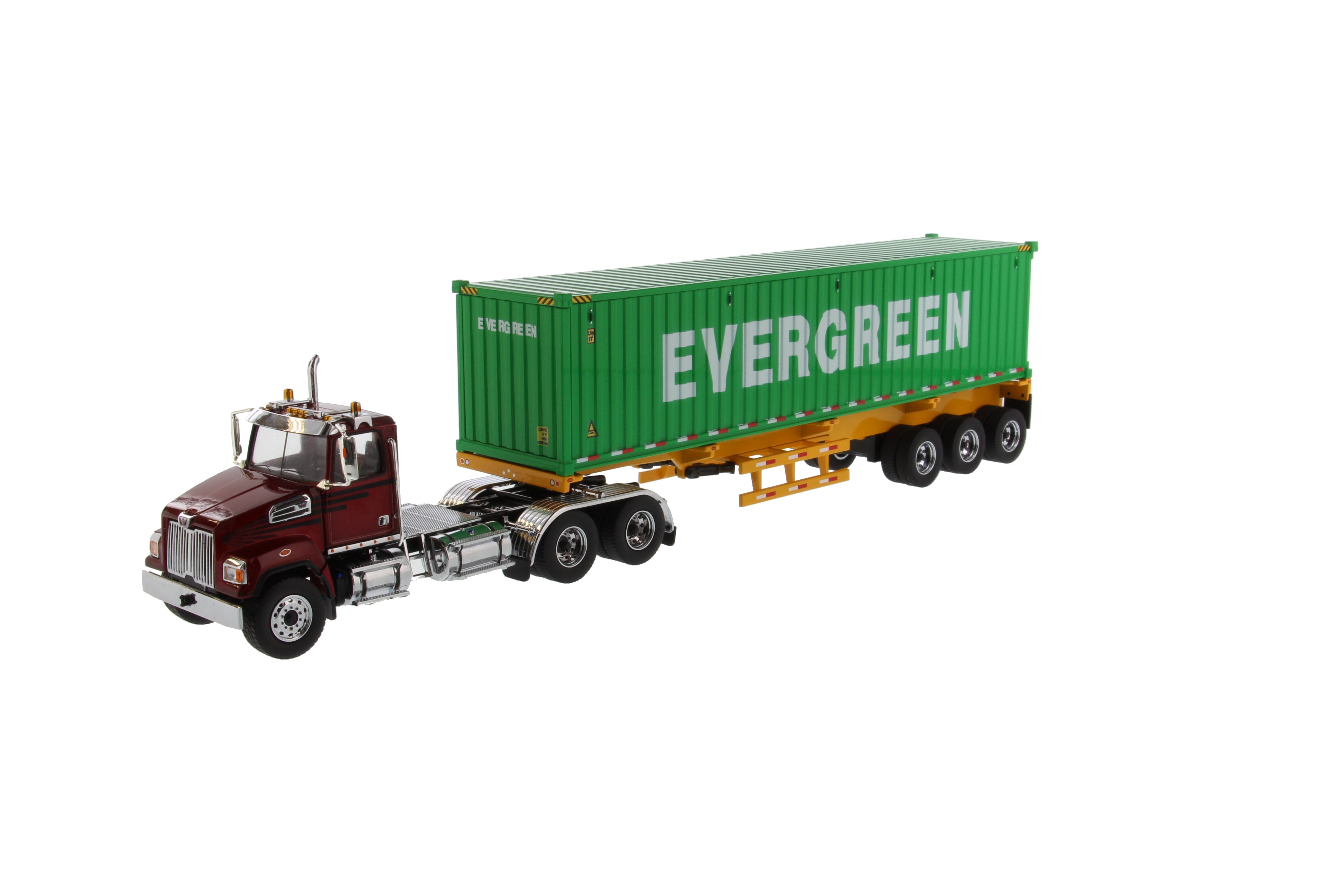 1:50 Western Star® Diecast 4700 SB Tandem Truck-Tractor with 40′ Dry Goods Sea Container – Metallic red tractor + Yellow trailer + EverGreen container, Transport Series, 71049