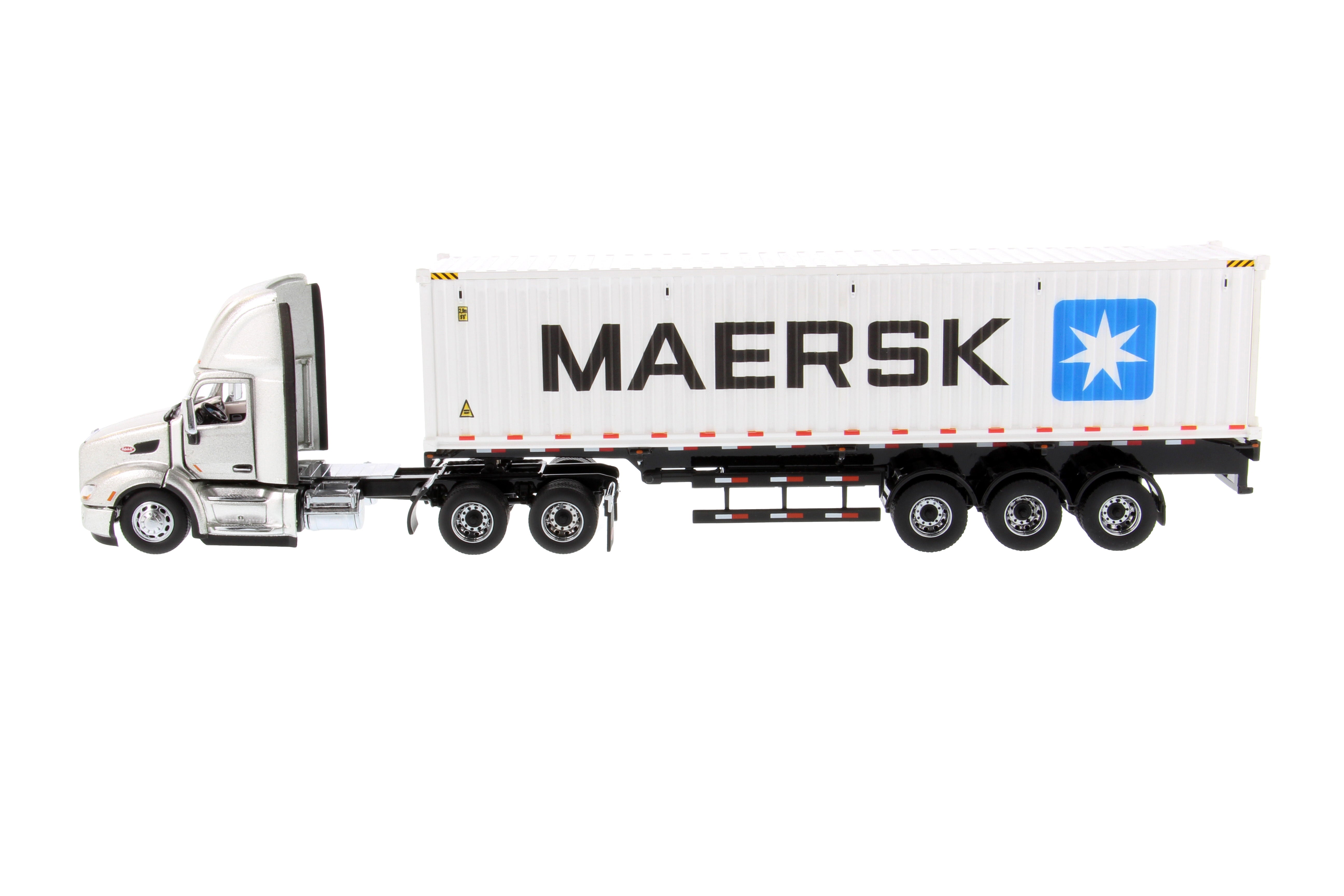 1:50 Diecast Peterbilt 579 Silver Day Cab Tractor On-Highway Truck with Skeleton Trailer and Maersk Sea Container, Transport Series, 71069