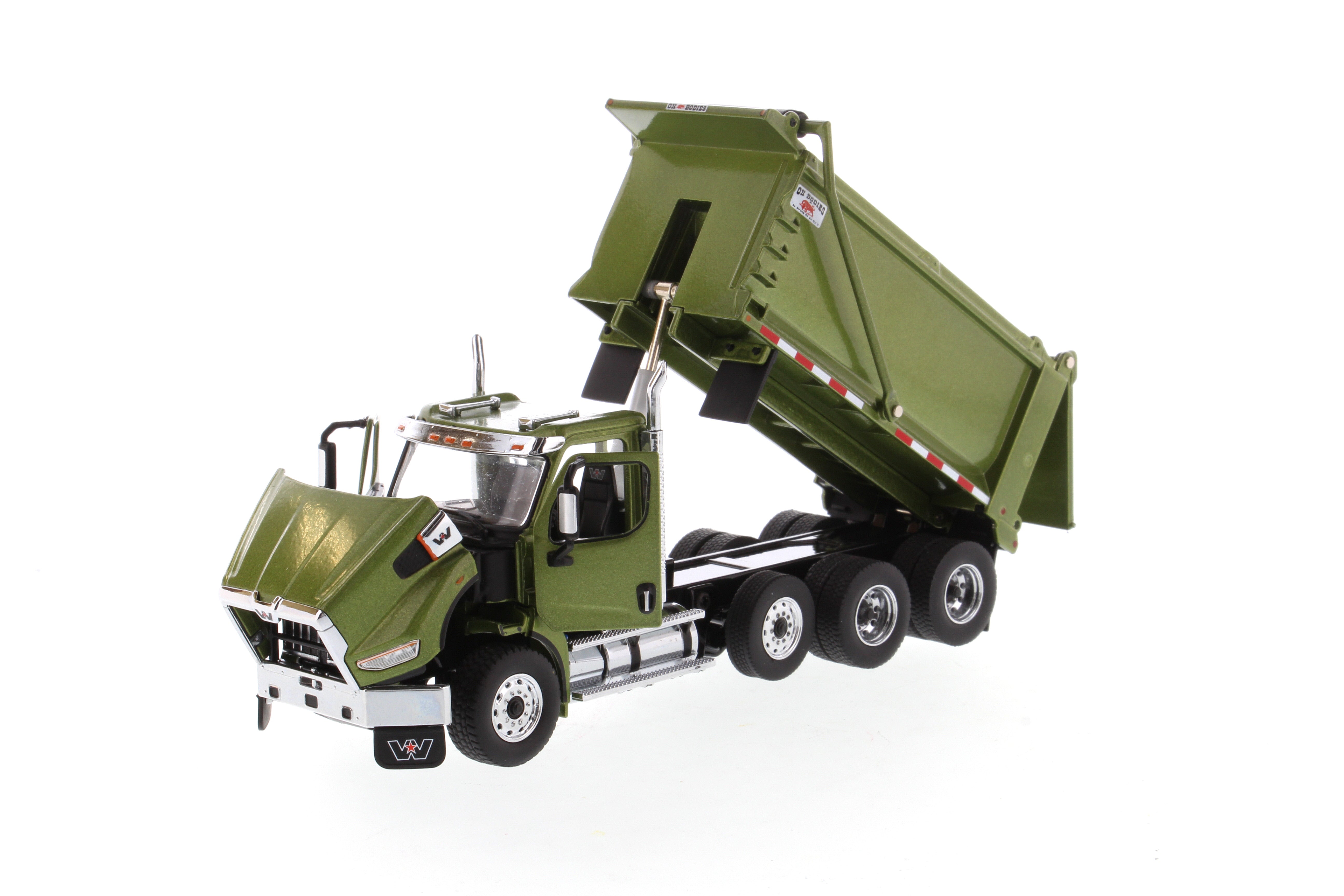 1:50 Western Star 49X SBFA Tandem Ox Bodies Stampede Dump Truck with Pusher Axle, Metallic Olive Green, Transport Series, 71086 *INCOMING JUNE