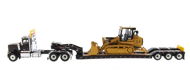 1:50 International HX520 Tandem Tractor + XL 120 Trailer, Black w/ Cat® 963K Track loader loaded including both rear boosters, Transport Series, 85599 RETIRING SOON