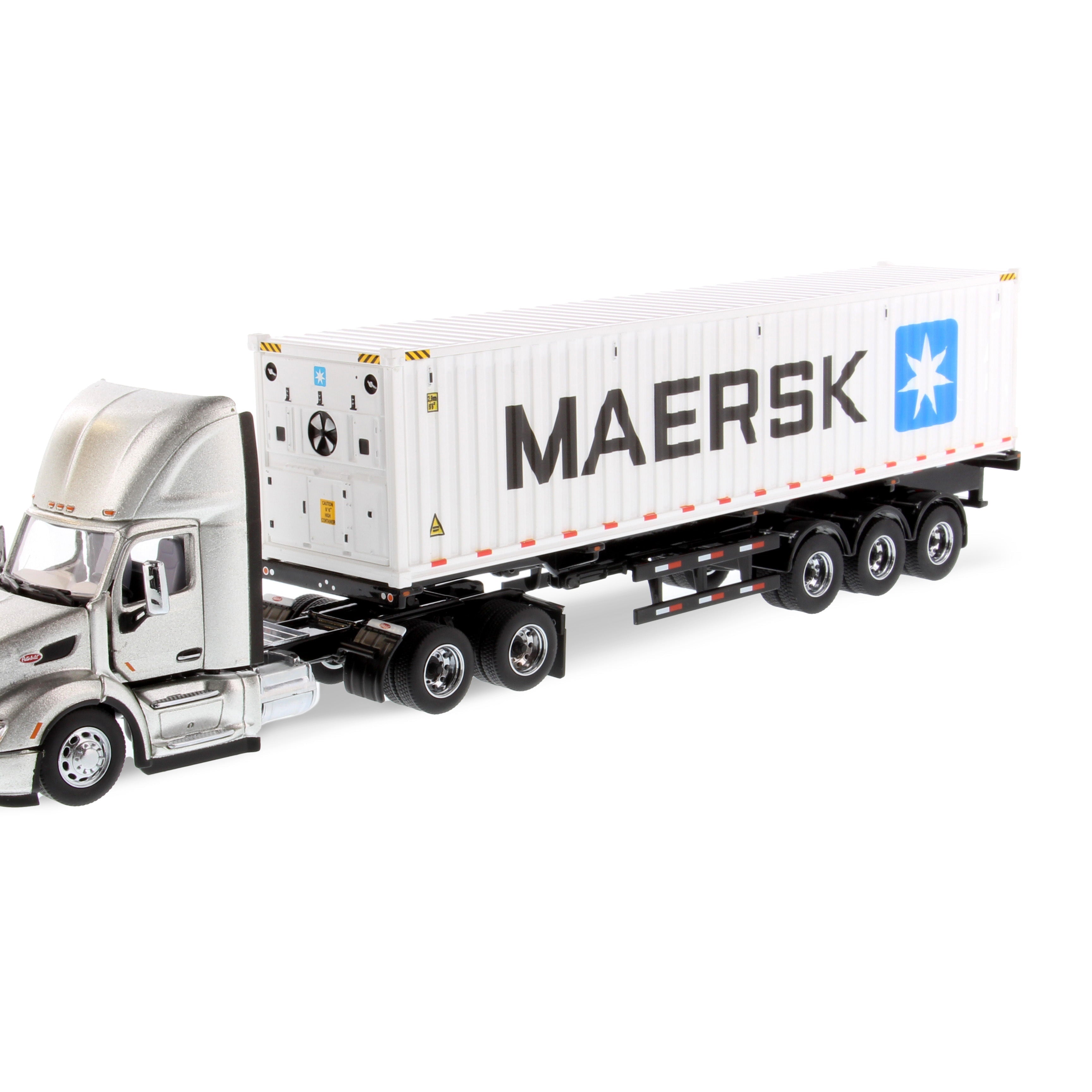 1:50 Diecast Peterbilt 579 Silver Day Cab Tractor On-Highway Truck with Skeleton Trailer and Maersk Sea Container, Transport Series, 71069