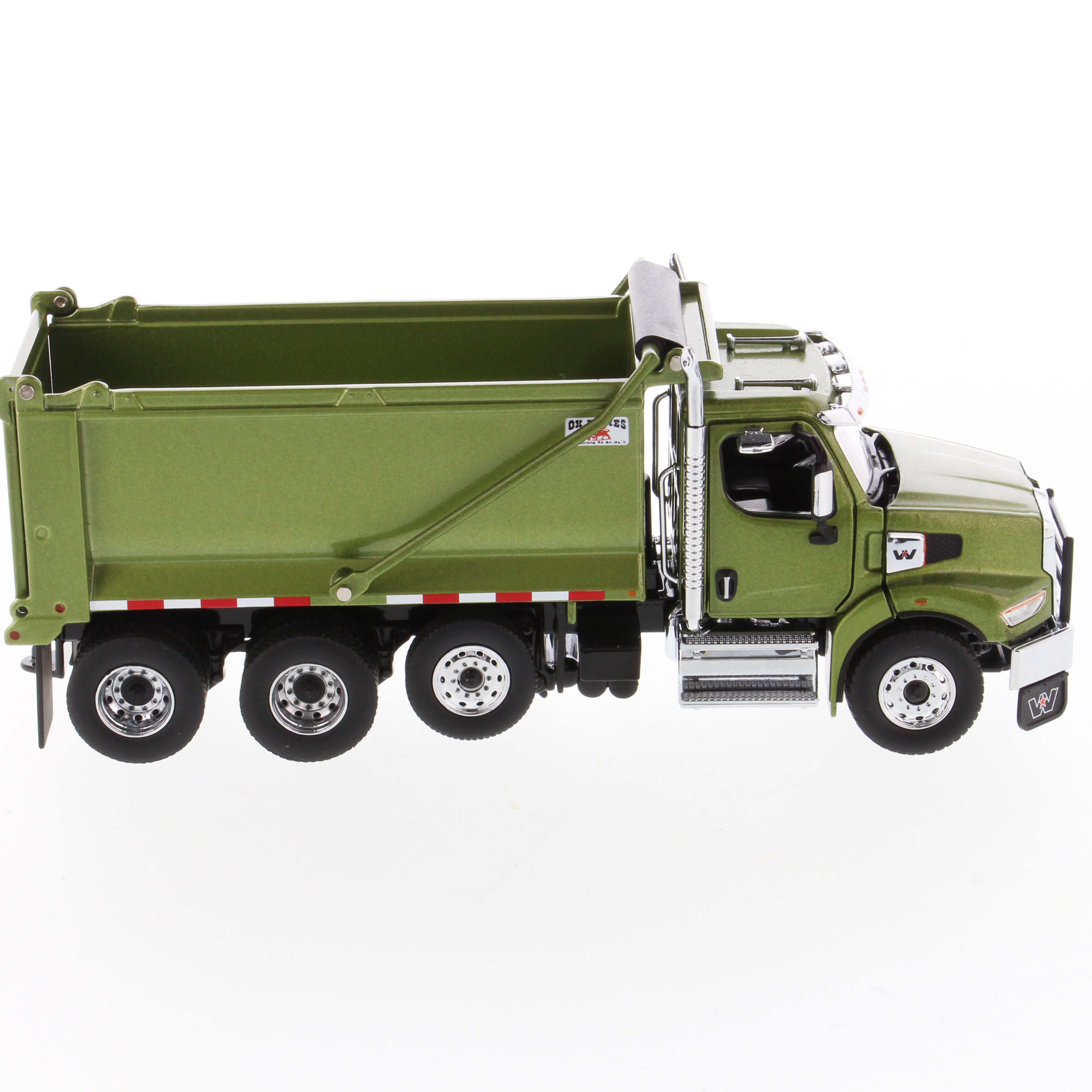 1:50 Western Star 49X SBFA Tandem Ox Bodies Stampede Dump Truck with Pusher Axle, Metallic Olive Green, Transport Series, 71086 *INCOMING JUNE